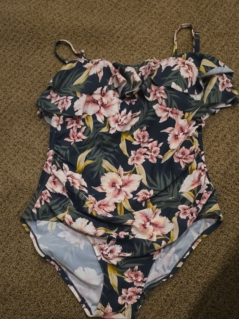 XL Floral Ruffle One-Piece Swimsuit W/Black Background By KONA sol From Target